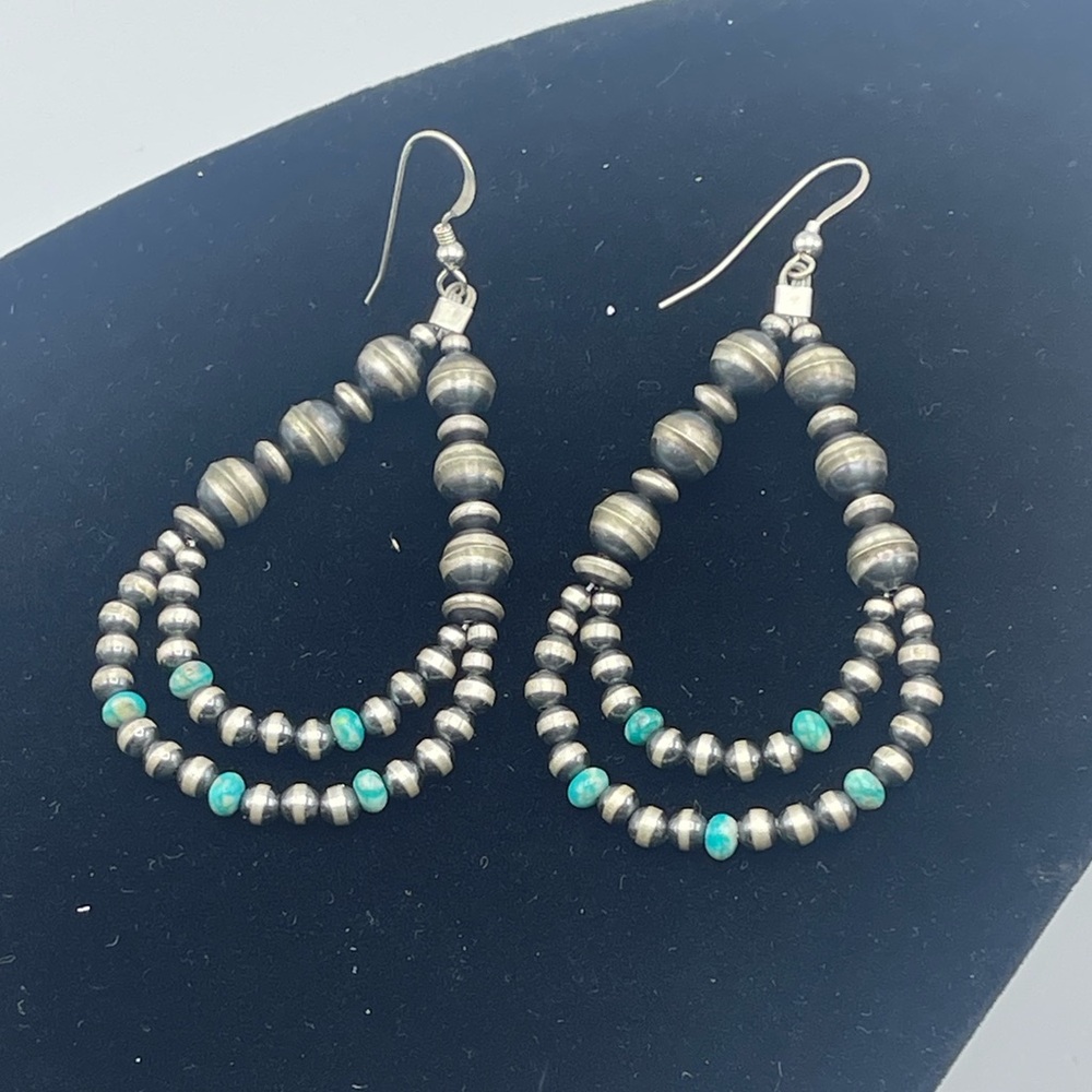 Turquoise Accent Double-Strand Silver Bead Drop Earrings